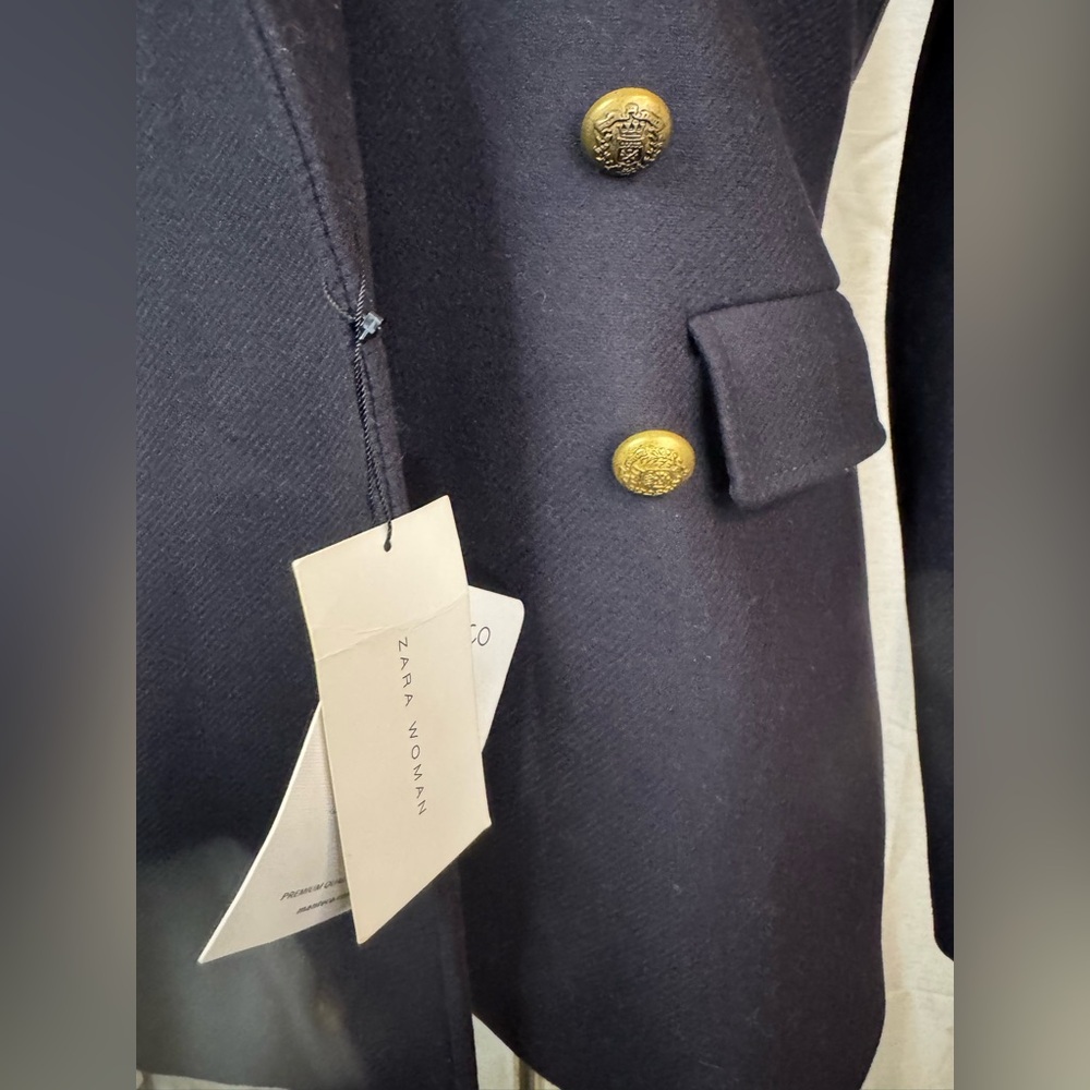 Zara Women's Double-Breasted Navy Coat with Red Accents - Picture 5 of 12